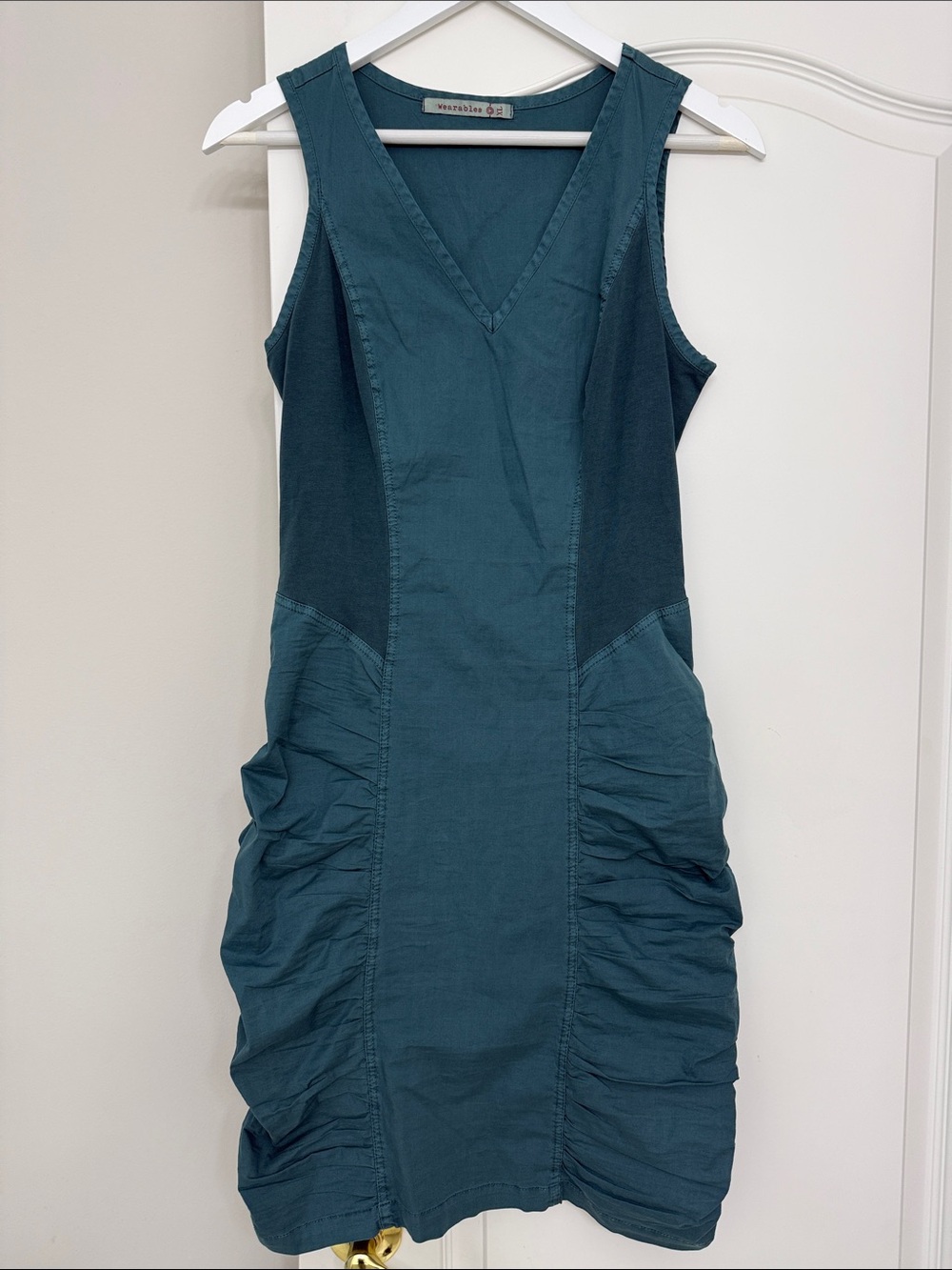 Casual Teal V-Neck Sleeveless Ruched Mini Dress
